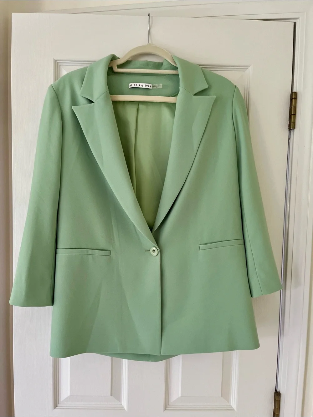 Alice + Olivia Denny Boyfriend Blazer in Seafoam Green, Size 6, Sleeves Hemmed